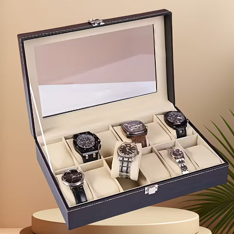 10-Seater & 6-seater Faux Leather Watch Box Display Box Storage Box Frame Glass Cover Elegant Comparison And Detachable Pillow Men'S And Women'S Watch And Large Bracket Box