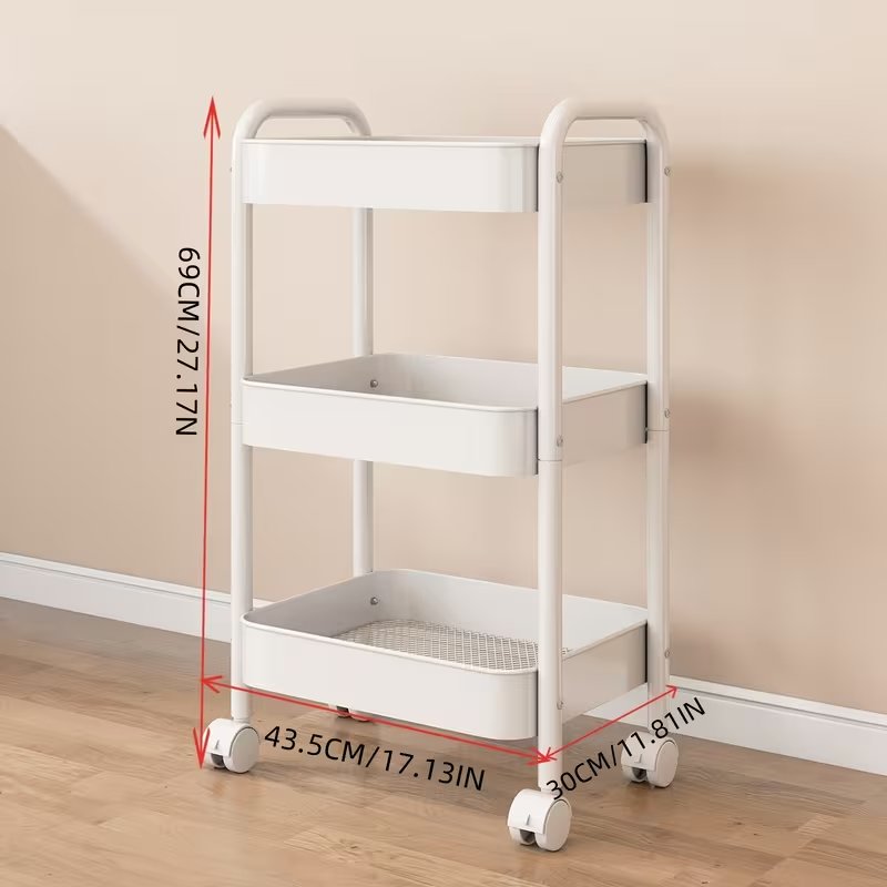 3-Tier Multifunctional Metal Cart with 4 Small Hooks—Minimalist Assembly × 360° Mobile Storage Cart, Durable Carbon Steel, Easy to Assemble. Suitable for Kitchen, Bathroom, and Laundry Room, Utility Racks
