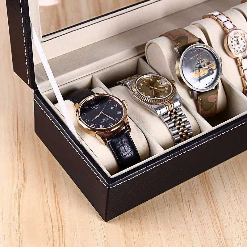 10-Seater & 6-seater Faux Leather Watch Box Display Box Storage Box Frame Glass Cover Elegant Comparison And Detachable Pillow Men'S And Women'S Watch And Large Bracket Box