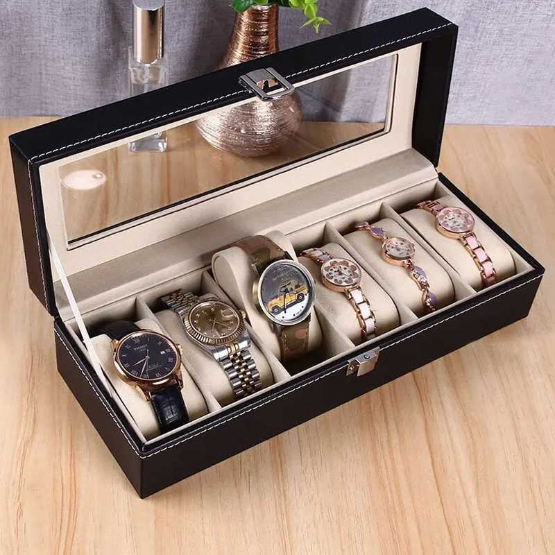 10-Seater & 6-seater Faux Leather Watch Box Display Box Storage Box Frame Glass Cover Elegant Comparison And Detachable Pillow Men'S And Women'S Watch And Large Bracket Box
