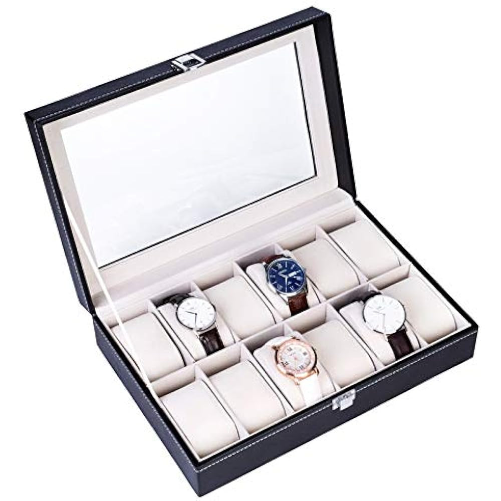 10-Seater & 6-seater Faux Leather Watch Box Display Box Storage Box Frame Glass Cover Elegant Comparison And Detachable Pillow Men'S And Women'S Watch And Large Bracket Box