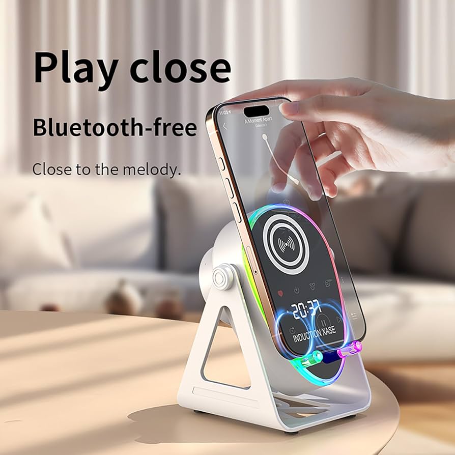5 in 1 Induction Bluetooth Speaker with Phone Stand, 1800mAh RGB Lighting Induction Speaker, 360° Surround Sound, 4-13" Device Fit, Ideal for Men Women, Parties, Gaming(Black (5 in 1))
