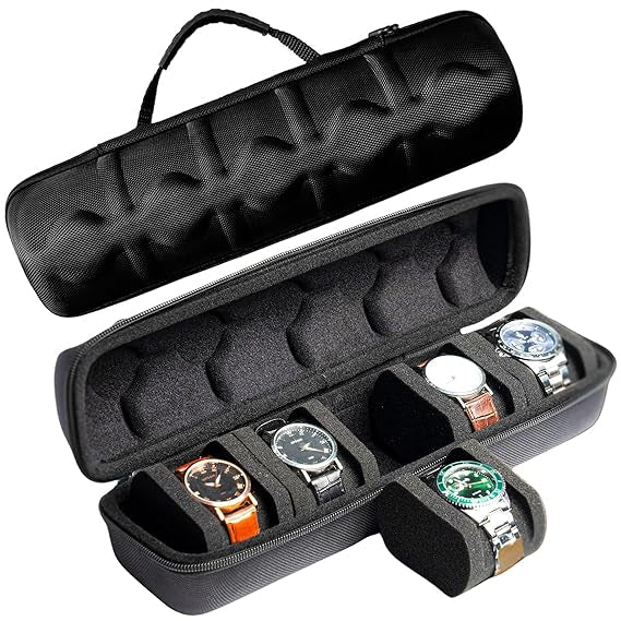 5 watch travel case roll, Portable watch carry case roll storage organizer box for men and women with soft foam pillows snug fit all size watches up to 60mm face