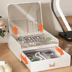 Luxury Jewelry Organizer with Built-in Mirror & Drawer – Elegant White & Gold Decor