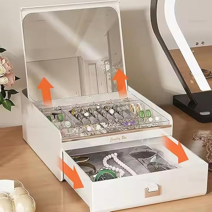 Luxury Jewelry Organizer with Built-in Mirror & Drawer – Elegant White & Gold Decor