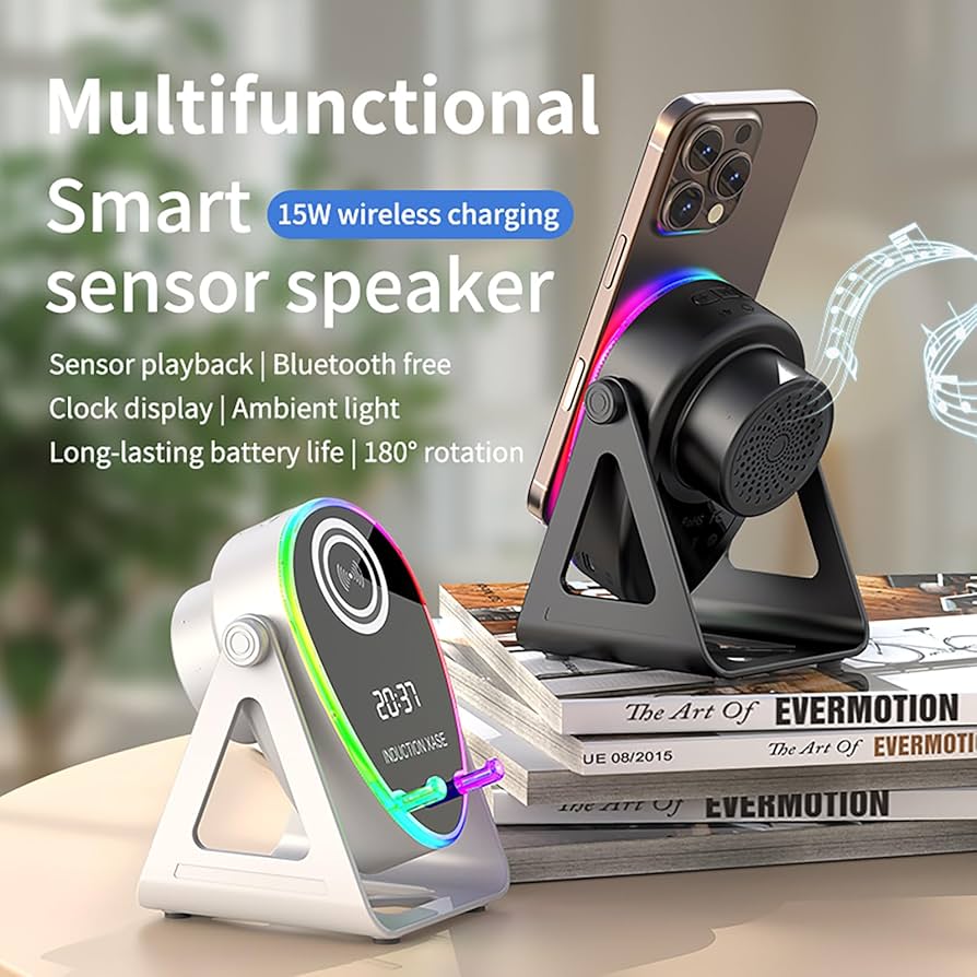5 in 1 Induction Bluetooth Speaker with Phone Stand, 1800mAh RGB Lighting Induction Speaker, 360° Surround Sound, 4-13" Device Fit, Ideal for Men Women, Parties, Gaming(Black (5 in 1))