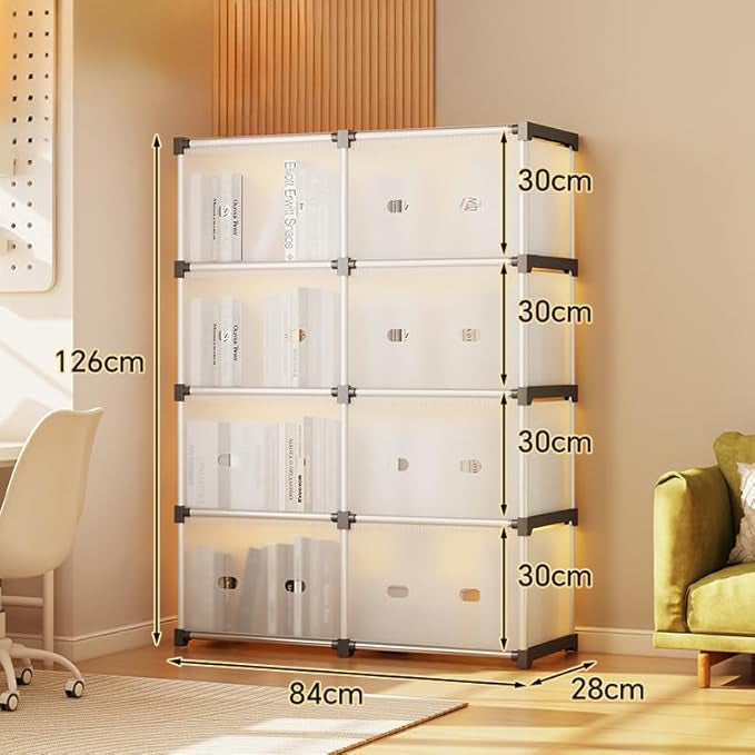 8-Cube Modular Bookshelf with Doors, PP Plastic Book Cabinet Organizer | Metal Frame Portable Book Rack for Kids, Study, Home Storage