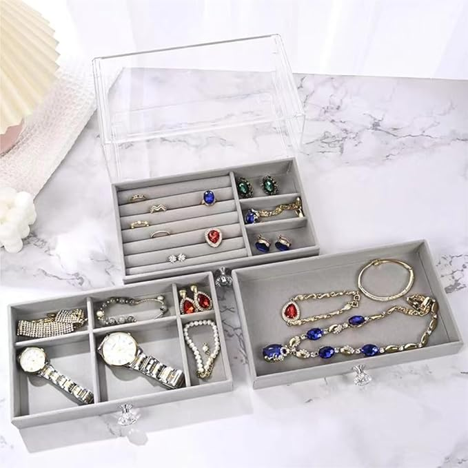 3-Layer Acrylic Jewelry Organizer Box with Velvet Trays