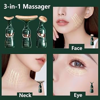 4D Beauty 3-in-1 Facial Massager, Green and Rose Gold, Battery Powered, with Acoustic Vibration, Micro-Current Technology for Eye, Neck, Face Care