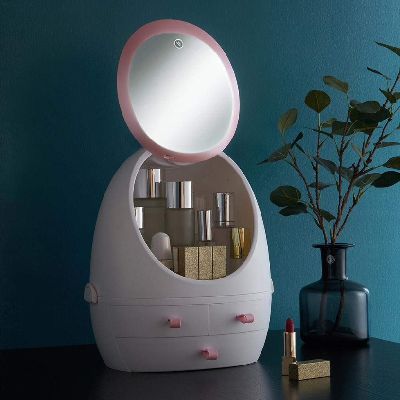 Oval Mirror Cosmetic Storage Organizer, LED Light Makeup Storage Box.