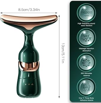 4D Beauty 3-in-1 Facial Massager, Green and Rose Gold, Battery Powered, with Acoustic Vibration, Micro-Current Technology for Eye, Neck, Face Care