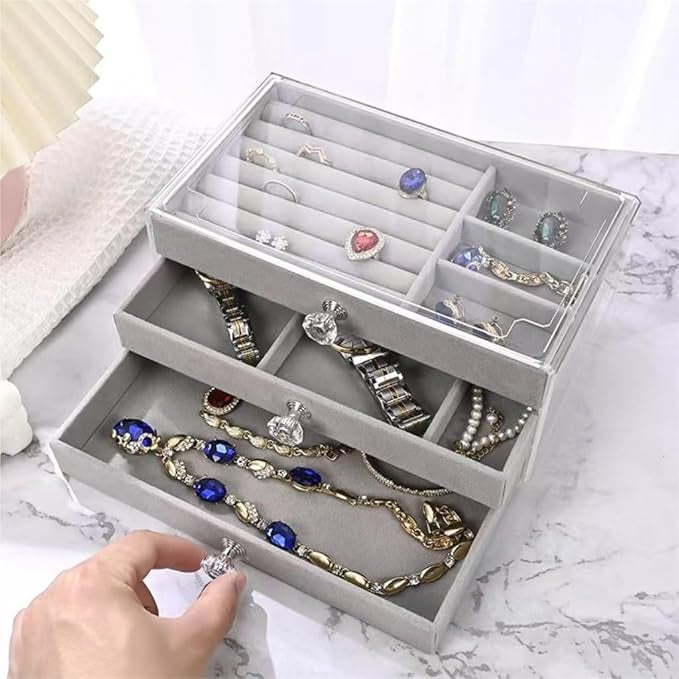 3-Layer Acrylic Jewelry Organizer Box with Velvet Trays