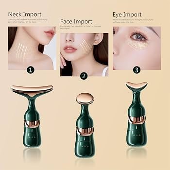 4D Beauty 3-in-1 Facial Massager, Green and Rose Gold, Battery Powered, with Acoustic Vibration, Micro-Current Technology for Eye, Neck, Face Care