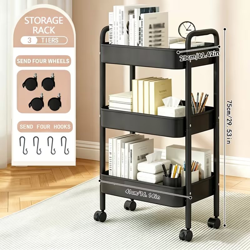3-Tier Multifunctional Metal Cart with 4 Small Hooks—Minimalist Assembly × 360° Mobile Storage Cart, Durable Carbon Steel, Easy to Assemble. Suitable for Kitchen, Bathroom, and Laundry Room, Utility Racks