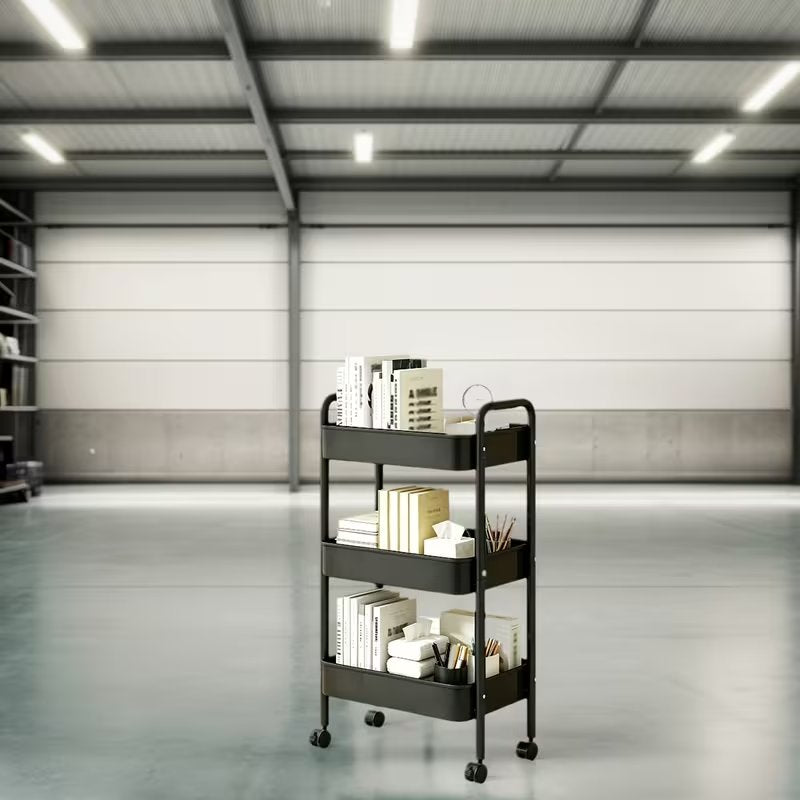 3-Tier Multifunctional Metal Cart with 4 Small Hooks—Minimalist Assembly × 360° Mobile Storage Cart, Durable Carbon Steel, Easy to Assemble. Suitable for Kitchen, Bathroom, and Laundry Room, Utility Racks