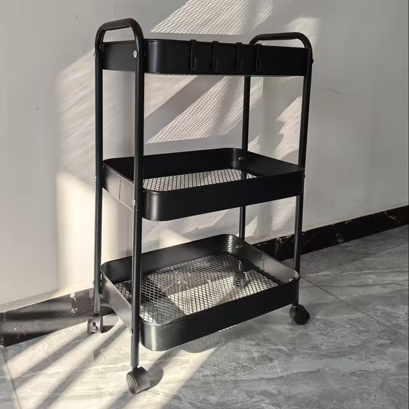 3-Tier Multifunctional Metal Cart with 4 Small Hooks—Minimalist Assembly × 360° Mobile Storage Cart, Durable Carbon Steel, Easy to Assemble. Suitable for Kitchen, Bathroom, and Laundry Room, Utility Racks