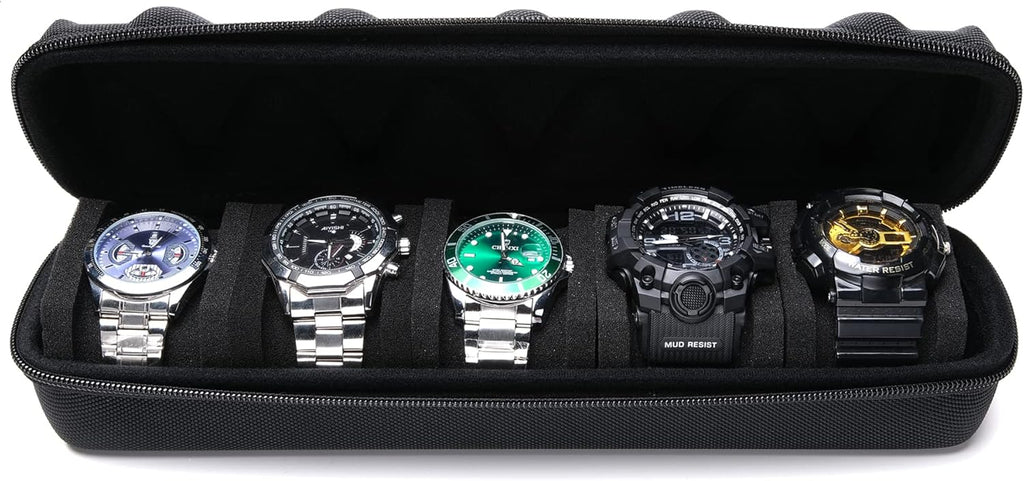 5 watch travel case roll, Portable watch carry case roll storage organizer box for men and women with soft foam pillows snug fit all size watches up to 60mm face