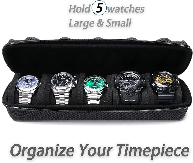5 watch travel case roll, Portable watch carry case roll storage organizer box for men and women with soft foam pillows snug fit all size watches up to 60mm face
