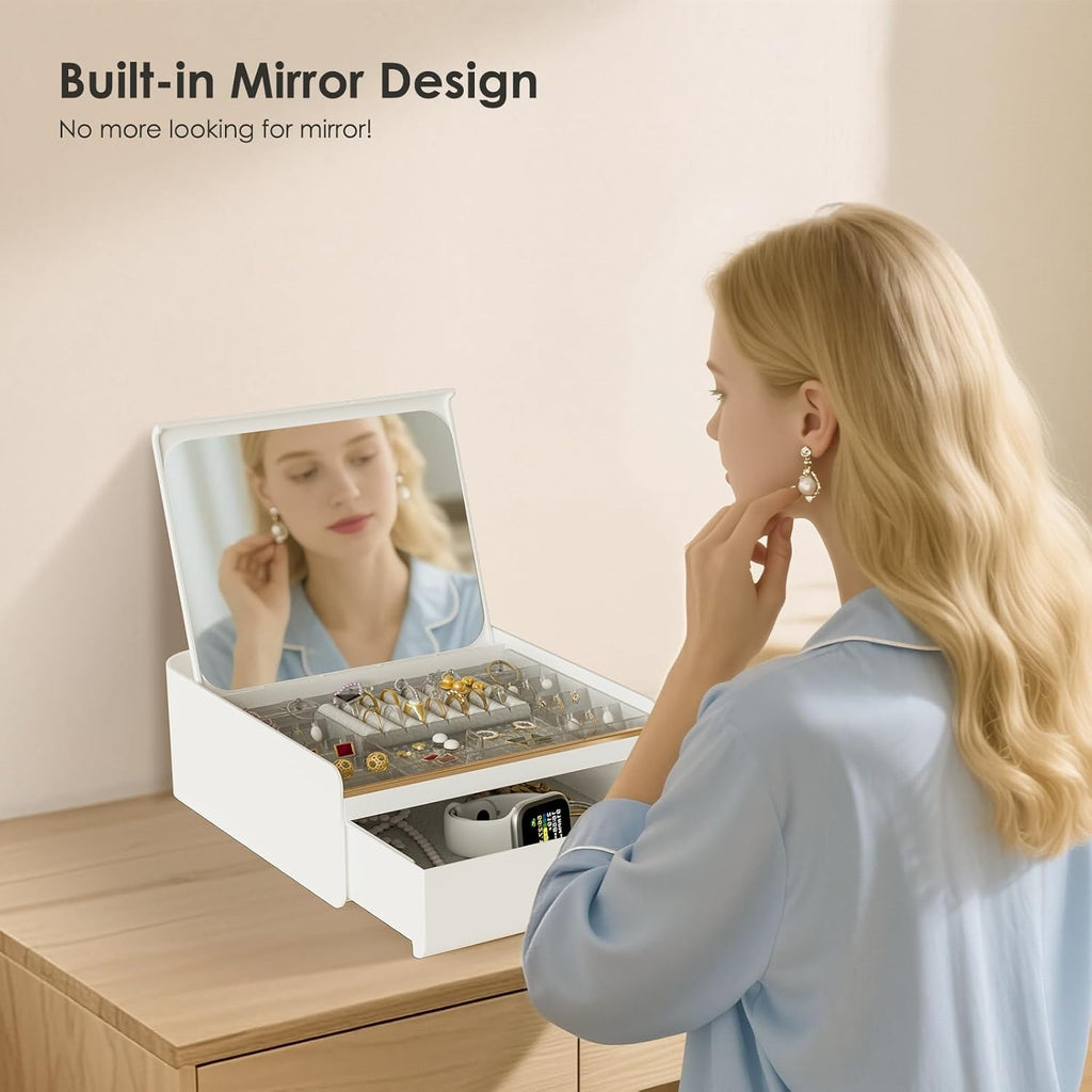 Luxury Jewelry Organizer with Built-in Mirror & Drawer – Elegant White & Gold Decor