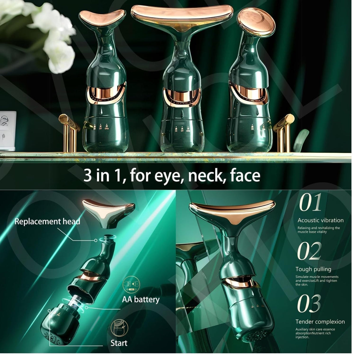 4D Beauty 3-in-1 Facial Massager, Green and Rose Gold, Battery Powered, with Acoustic Vibration, Micro-Current Technology for Eye, Neck, Face Care
