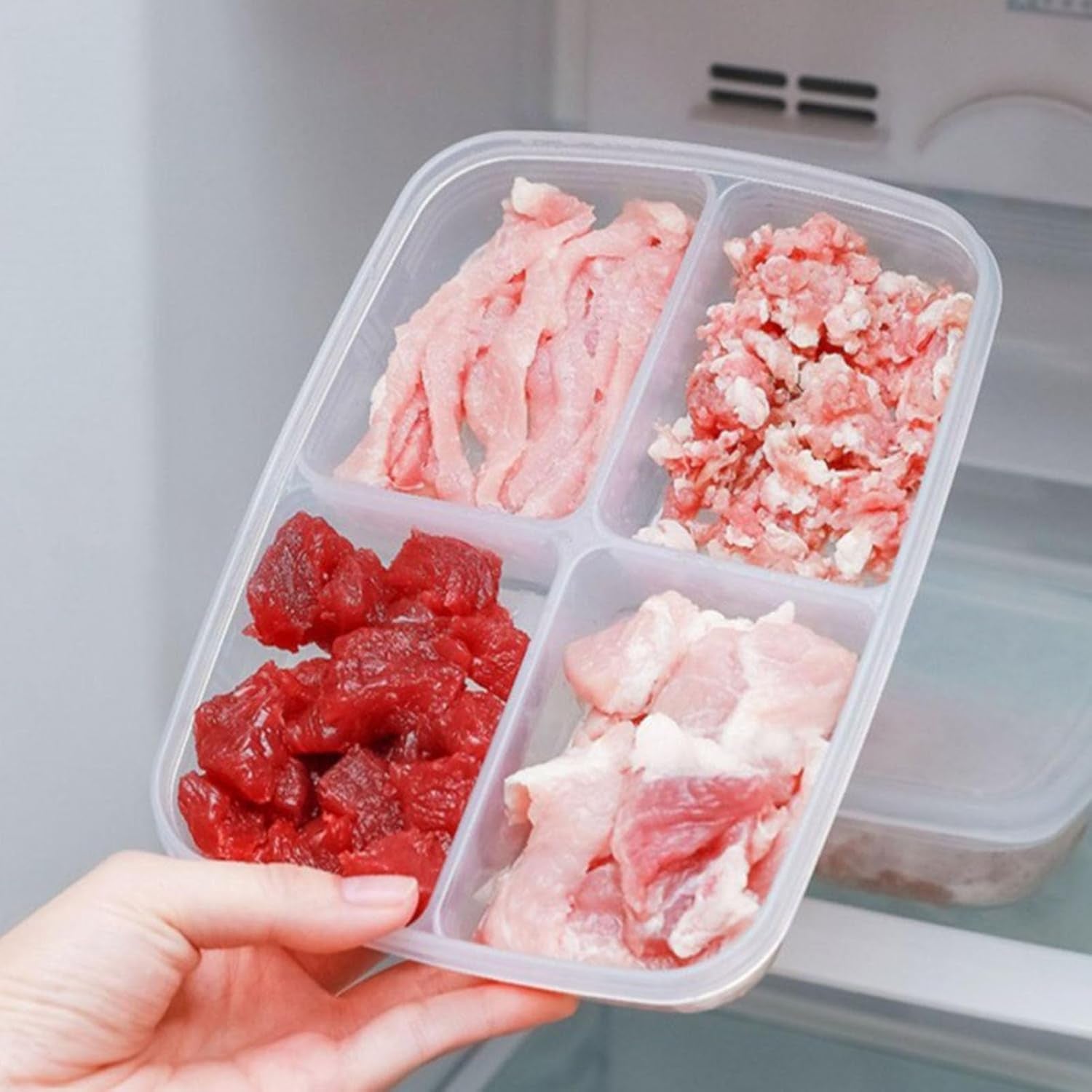 4-Section Fridge & Freezer Organizer Box | microwave safe | Airtight Meat & Vegetable Storage Container - Multi-Compartment Meal Prep Box for Kitchen Organization