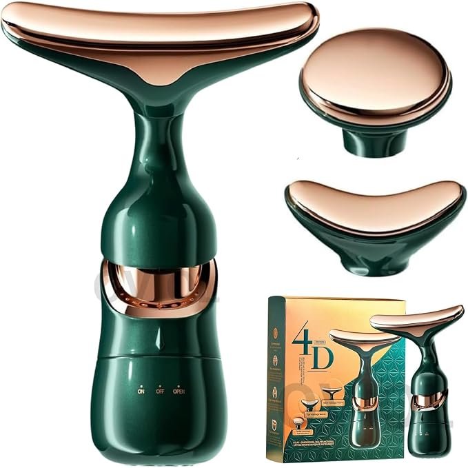 4D Beauty 3-in-1 Facial Massager, Green and Rose Gold, Battery Powered, with Acoustic Vibration, Micro-Current Technology for Eye, Neck, Face Care