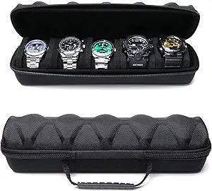 5 watch travel case roll, Portable watch carry case roll storage organizer box for men and women with soft foam pillows snug fit all size watches up to 60mm face