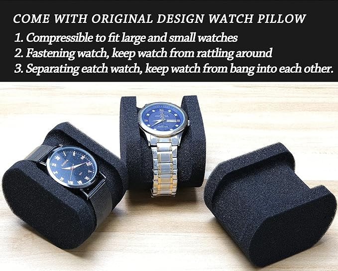 5 watch travel case roll, Portable watch carry case roll storage organizer box for men and women with soft foam pillows snug fit all size watches up to 60mm face