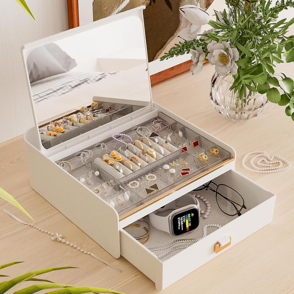 Luxury Jewelry Organizer with Built-in Mirror & Drawer – Elegant White & Gold Decor
