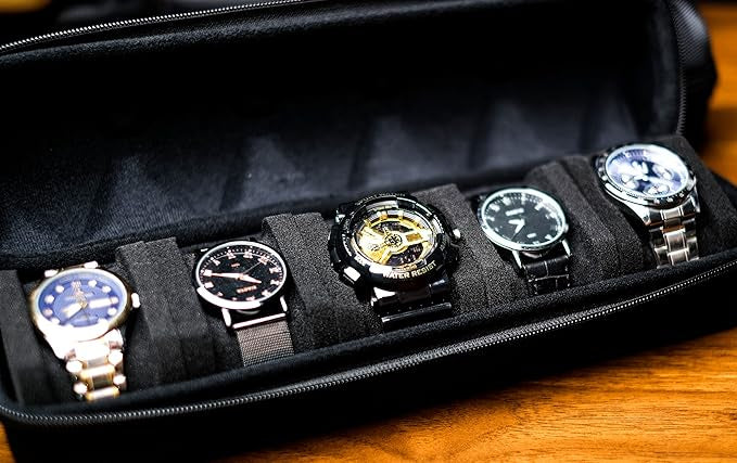 5 watch travel case roll, Portable watch carry case roll storage organizer box for men and women with soft foam pillows snug fit all size watches up to 60mm face