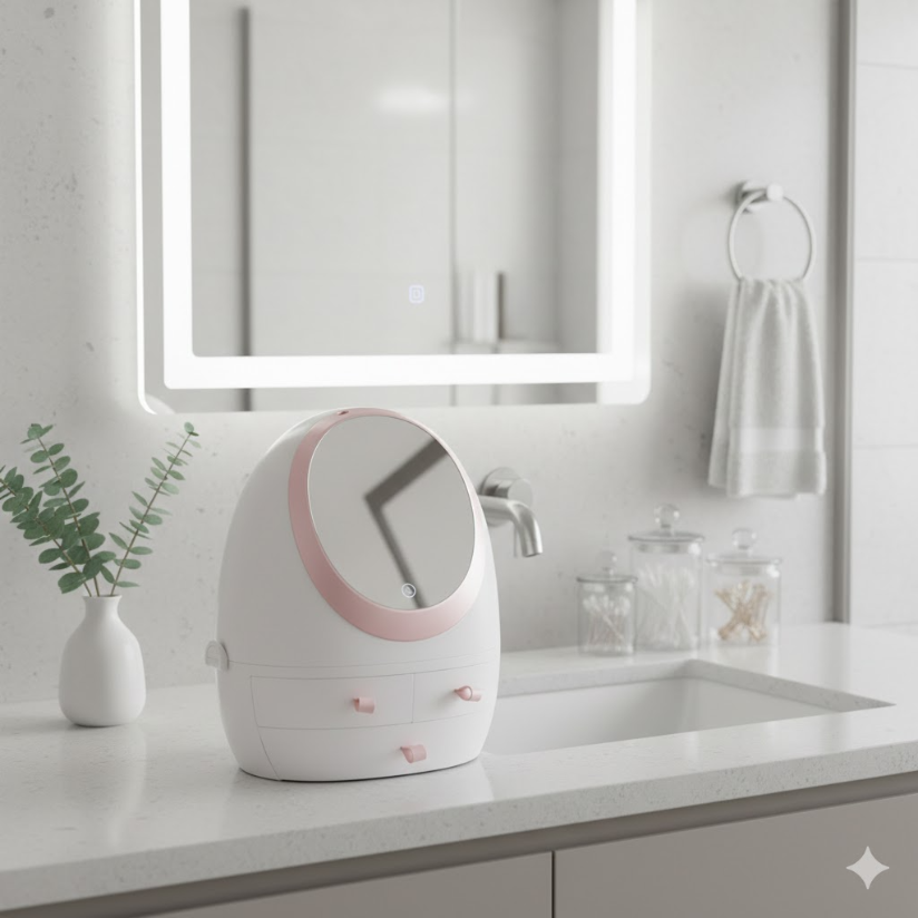 Oval Mirror Cosmetic Storage Organizer, LED Light Makeup Storage Box.