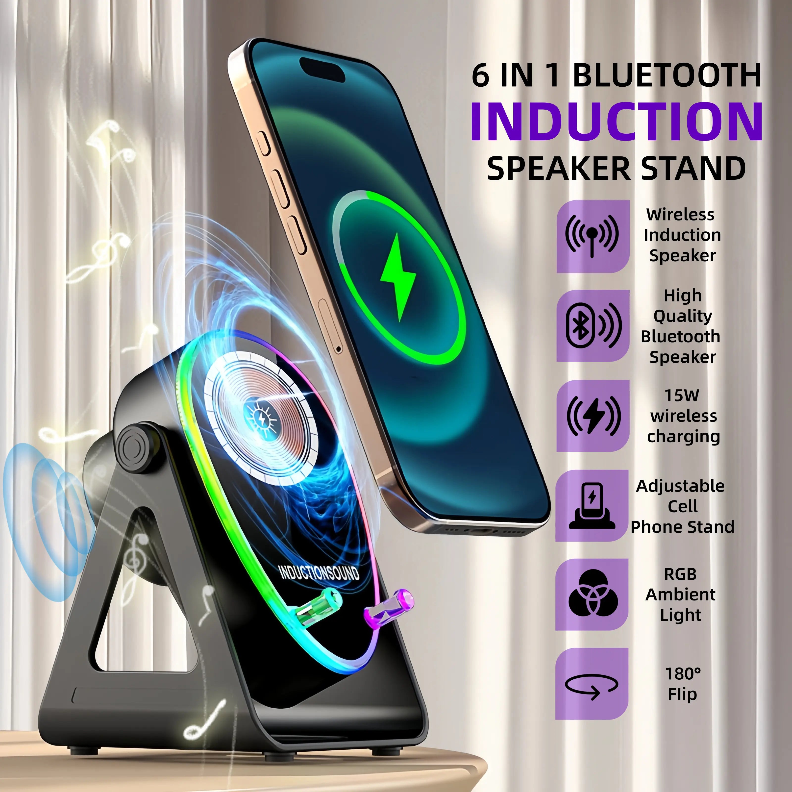5 in 1 Induction Bluetooth Speaker with Phone Stand, 1800mAh RGB Lighting Induction Speaker, 360° Surround Sound, 4-13" Device Fit, Ideal for Men Women, Parties, Gaming(Black (5 in 1))