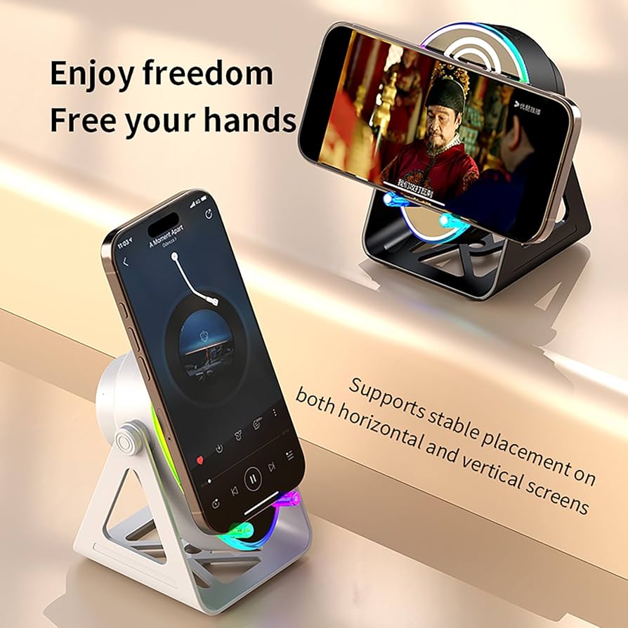 5 in 1 Induction Bluetooth Speaker with Phone Stand, 1800mAh RGB Lighting Induction Speaker, 360° Surround Sound, 4-13" Device Fit, Ideal for Men Women, Parties, Gaming(Black (5 in 1))