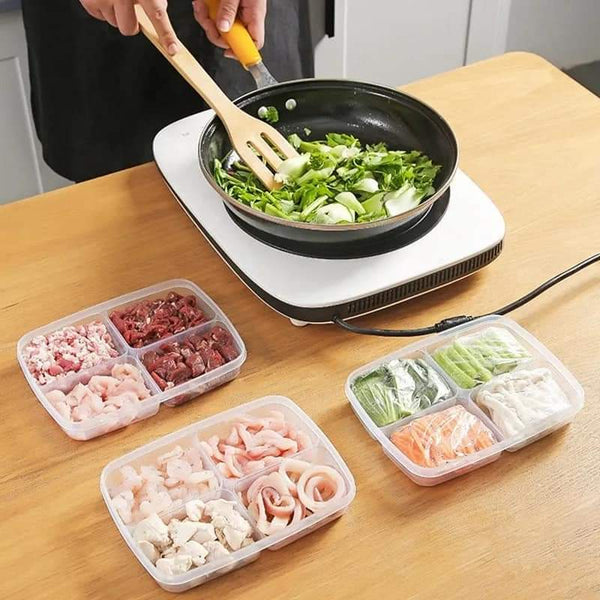4-Section Fridge & Freezer Organizer Box | microwave safe | Airtight Meat & Vegetable Storage Container - Multi-Compartment Meal Prep Box for Kitchen Organization
