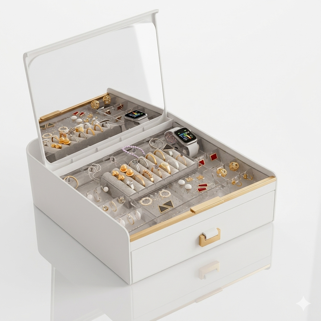 Luxury Jewelry Organizer with Built-in Mirror & Drawer – Elegant White & Gold Decor