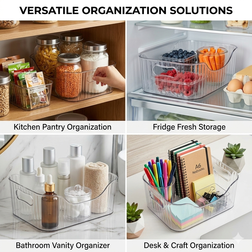 Premium Clear Acrylic Fluted Organizer with Handles – Stackable Home & Kitchen Storage Solution