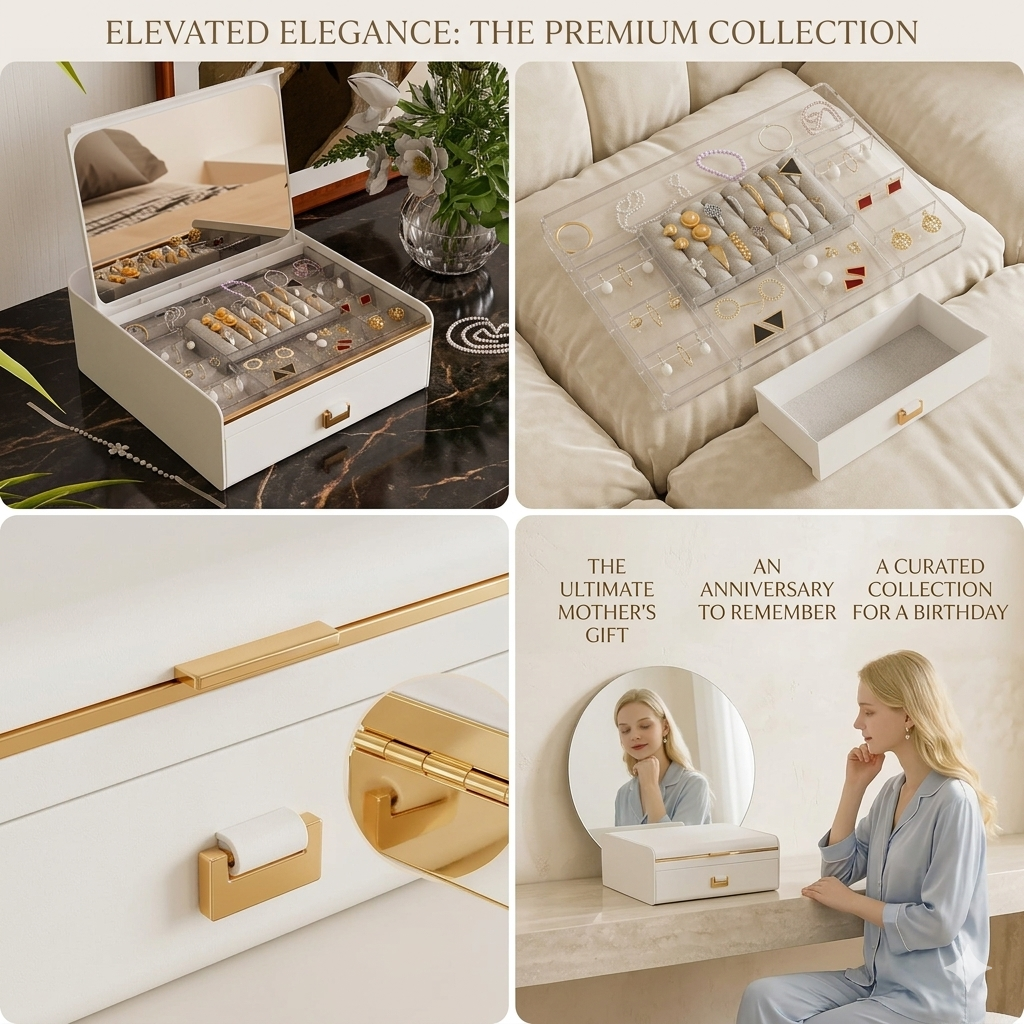 Luxury Jewelry Organizer with Built-in Mirror & Drawer – Elegant White & Gold Decor