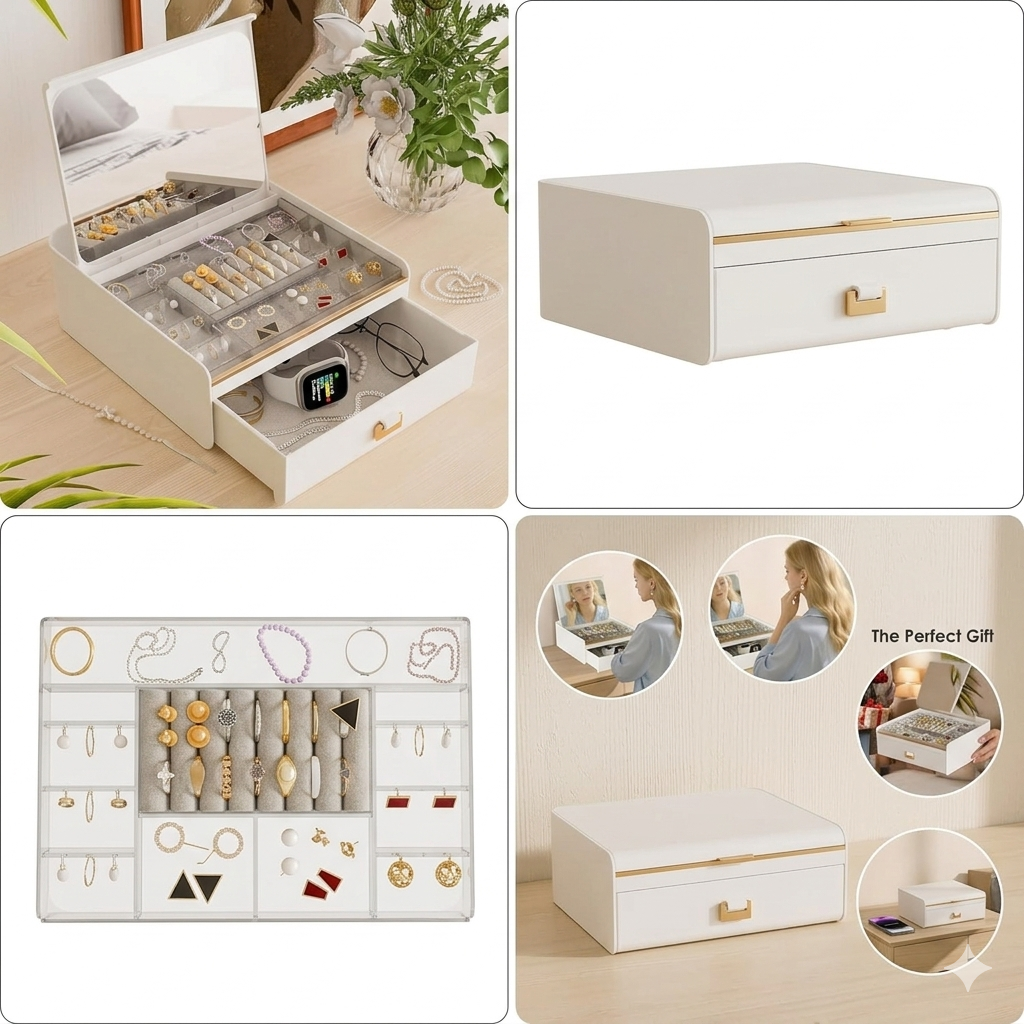 Luxury Jewelry Organizer with Built-in Mirror & Drawer – Elegant White & Gold Decor