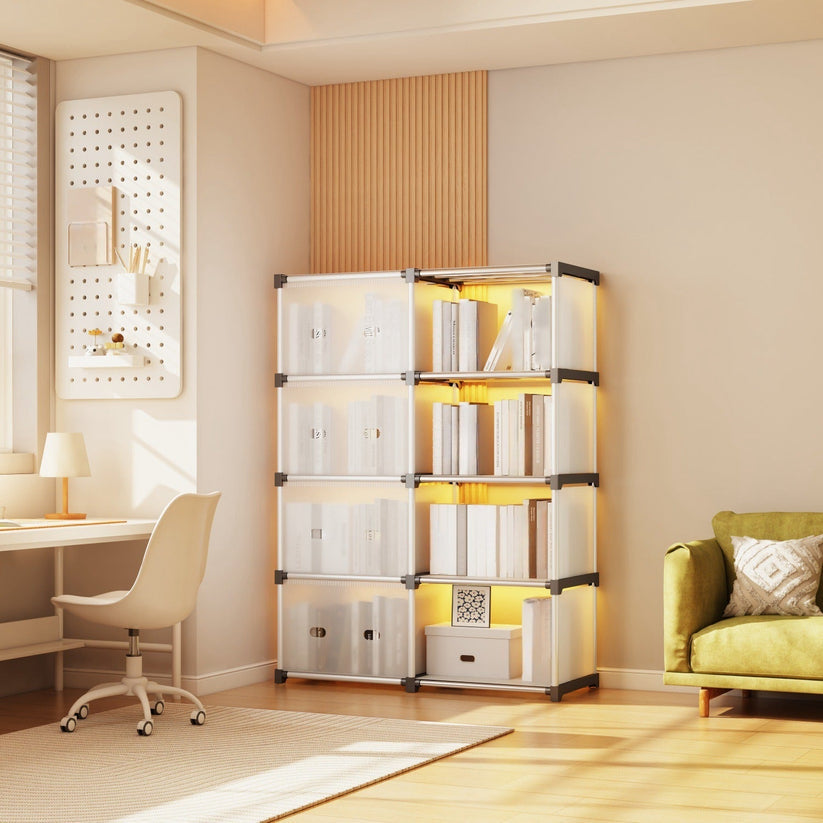 8-Cube Modular Bookshelf with Doors, PP Plastic Book Cabinet Organizer | Metal Frame Portable Book Rack for Kids, Study, Home Storage