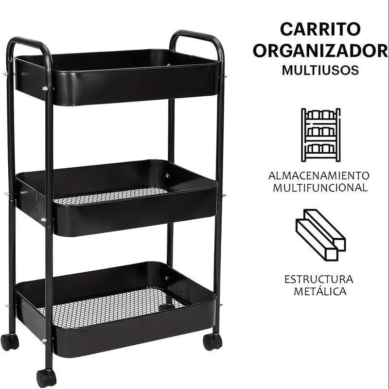 3-Tier Multifunctional Metal Cart with 4 Small Hooks—Minimalist Assembly × 360° Mobile Storage Cart, Durable Carbon Steel, Easy to Assemble. Suitable for Kitchen, Bathroom, and Laundry Room, Utility Racks
