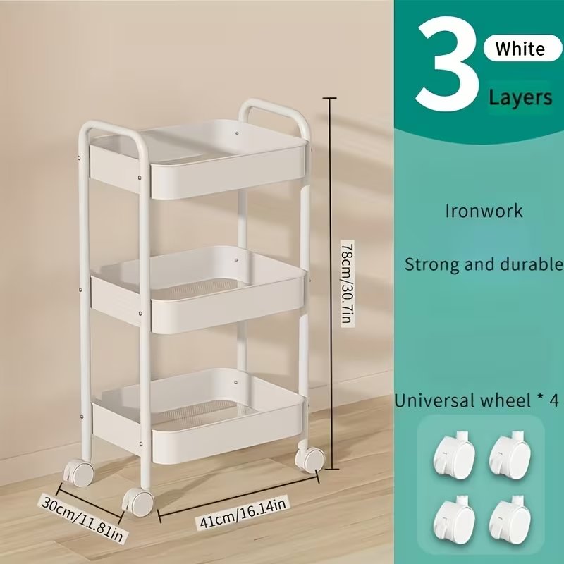 3-Tier Multifunctional Metal Cart with 4 Small Hooks—Minimalist Assembly × 360° Mobile Storage Cart, Durable Carbon Steel, Easy to Assemble. Suitable for Kitchen, Bathroom, and Laundry Room, Utility Racks