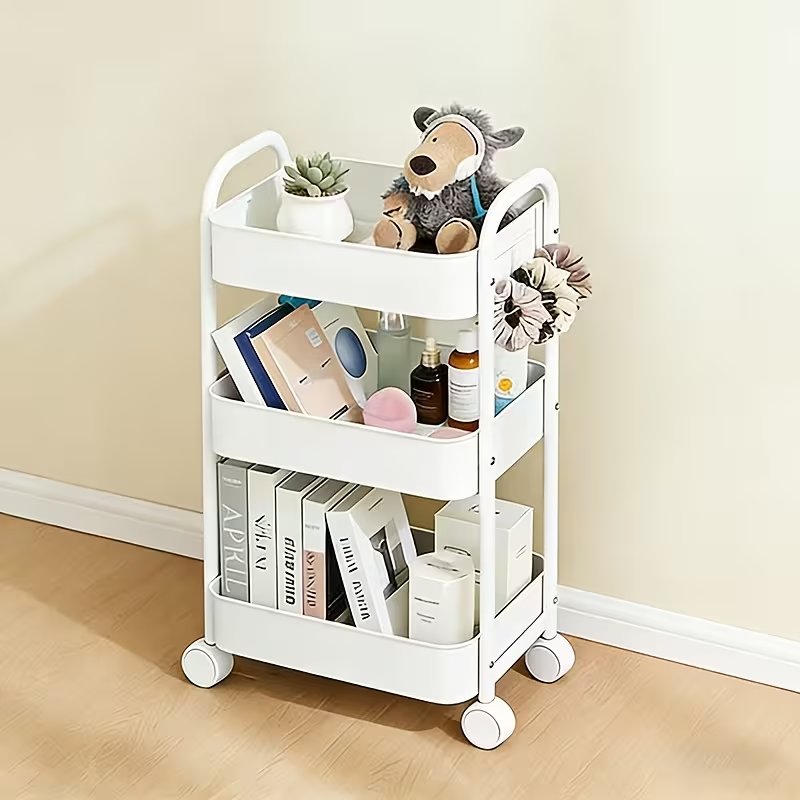 3-Tier Multifunctional Metal Cart with 4 Small Hooks—Minimalist Assembly × 360° Mobile Storage Cart, Durable Carbon Steel, Easy to Assemble. Suitable for Kitchen, Bathroom, and Laundry Room, Utility Racks