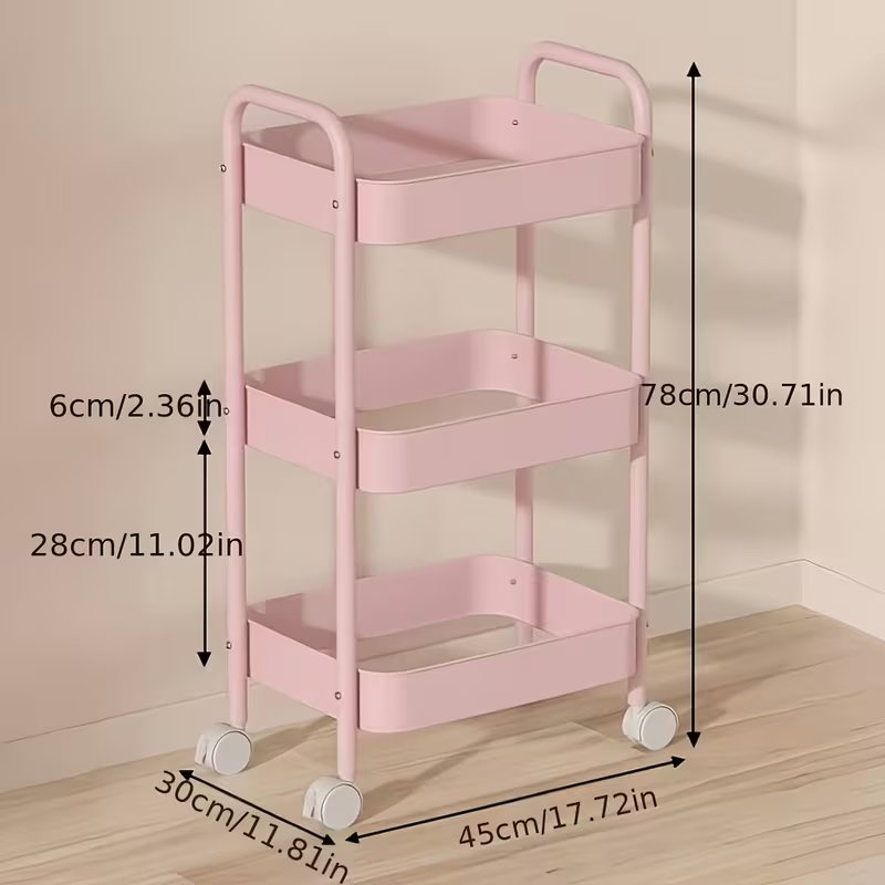 3-Tier Multifunctional Metal Cart with 4 Small Hooks—Minimalist Assembly × 360° Mobile Storage Cart, Durable Carbon Steel, Easy to Assemble. Suitable for Kitchen, Bathroom, and Laundry Room, Utility Racks