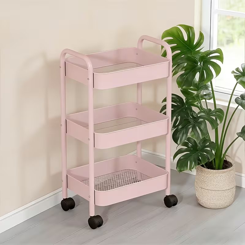 3-Tier Multifunctional Metal Cart with 4 Small Hooks—Minimalist Assembly × 360° Mobile Storage Cart, Durable Carbon Steel, Easy to Assemble. Suitable for Kitchen, Bathroom, and Laundry Room, Utility Racks