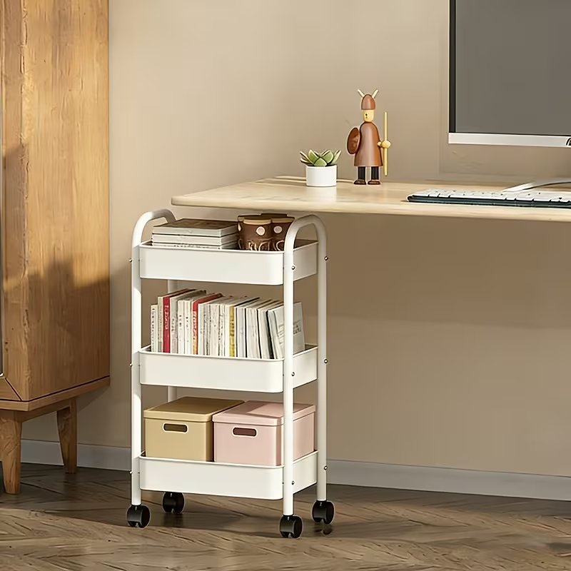 3-Tier Multifunctional Metal Cart with 4 Small Hooks—Minimalist Assembly × 360° Mobile Storage Cart, Durable Carbon Steel, Easy to Assemble. Suitable for Kitchen, Bathroom, and Laundry Room, Utility Racks