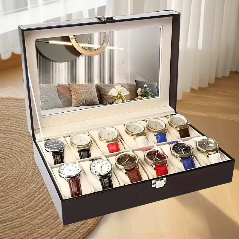 10-Seater & 6-seater Faux Leather Watch Box Display Box Storage Box Frame Glass Cover Elegant Comparison And Detachable Pillow Men'S And Women'S Watch And Large Bracket Box