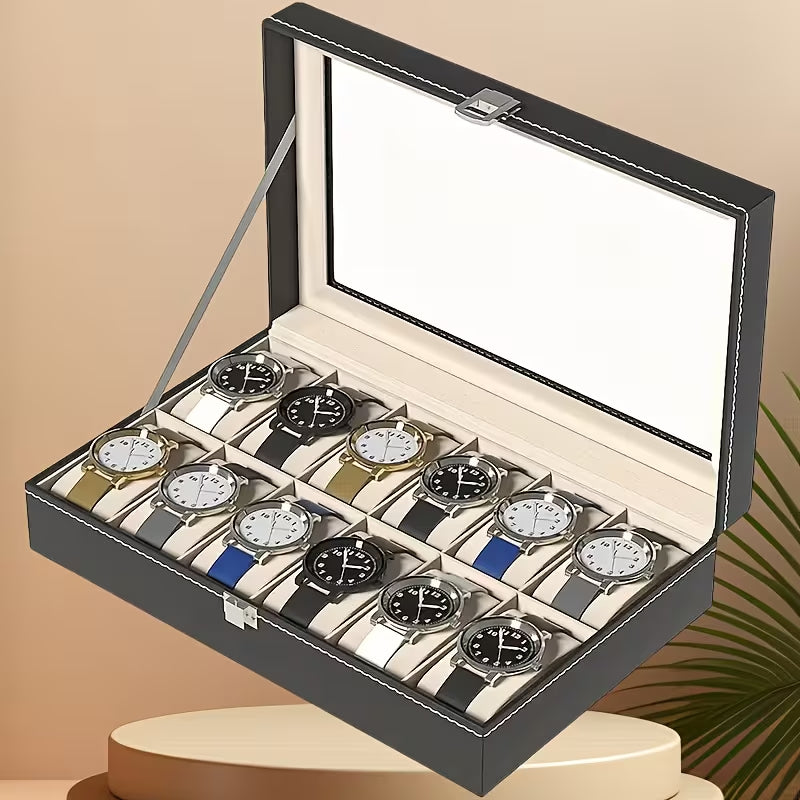 10-Seater & 6-seater Faux Leather Watch Box Display Box Storage Box Frame Glass Cover Elegant Comparison And Detachable Pillow Men'S And Women'S Watch And Large Bracket Box