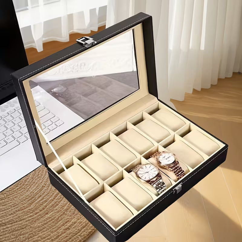 10-Seater & 6-seater Faux Leather Watch Box Display Box Storage Box Frame Glass Cover Elegant Comparison And Detachable Pillow Men'S And Women'S Watch And Large Bracket Box