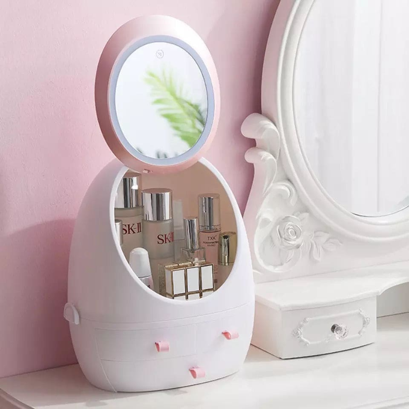 Oval Mirror Cosmetic Storage Organizer, LED Light Makeup Storage Box.