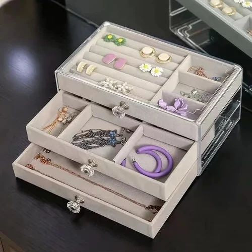 3-Layer Acrylic Jewelry Organizer Box with Velvet Trays